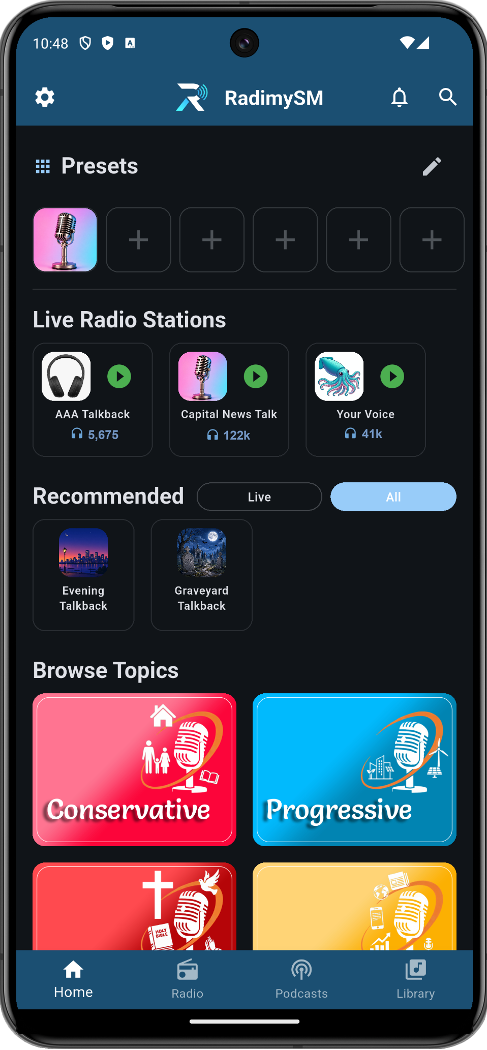 RadimySM mobile app home screen with live stations and browse topics
