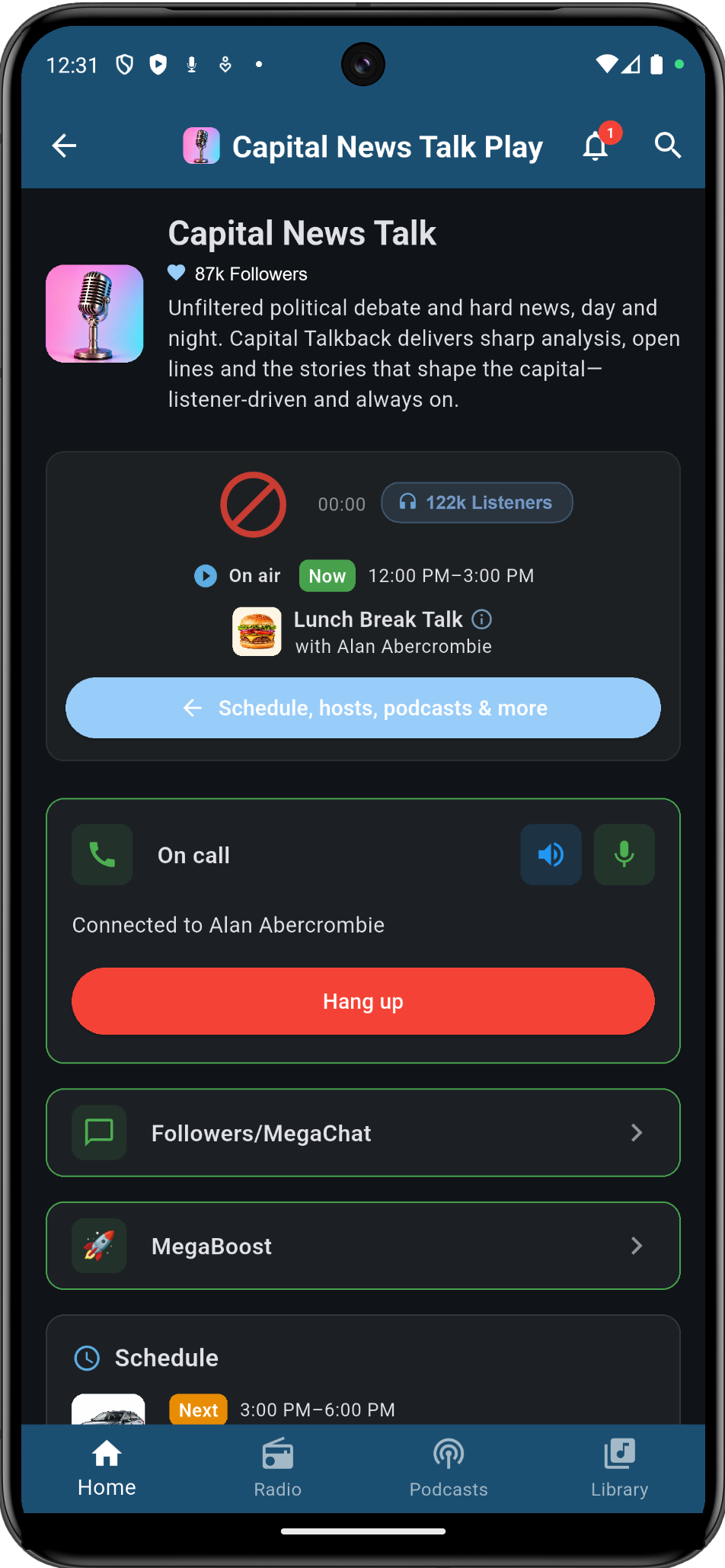 RadimySM mobile app showing a listener on call with the host
