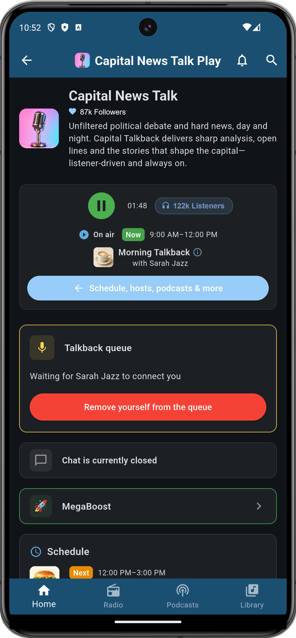 RadimySM mobile app showing a listener waiting in the talkback queue