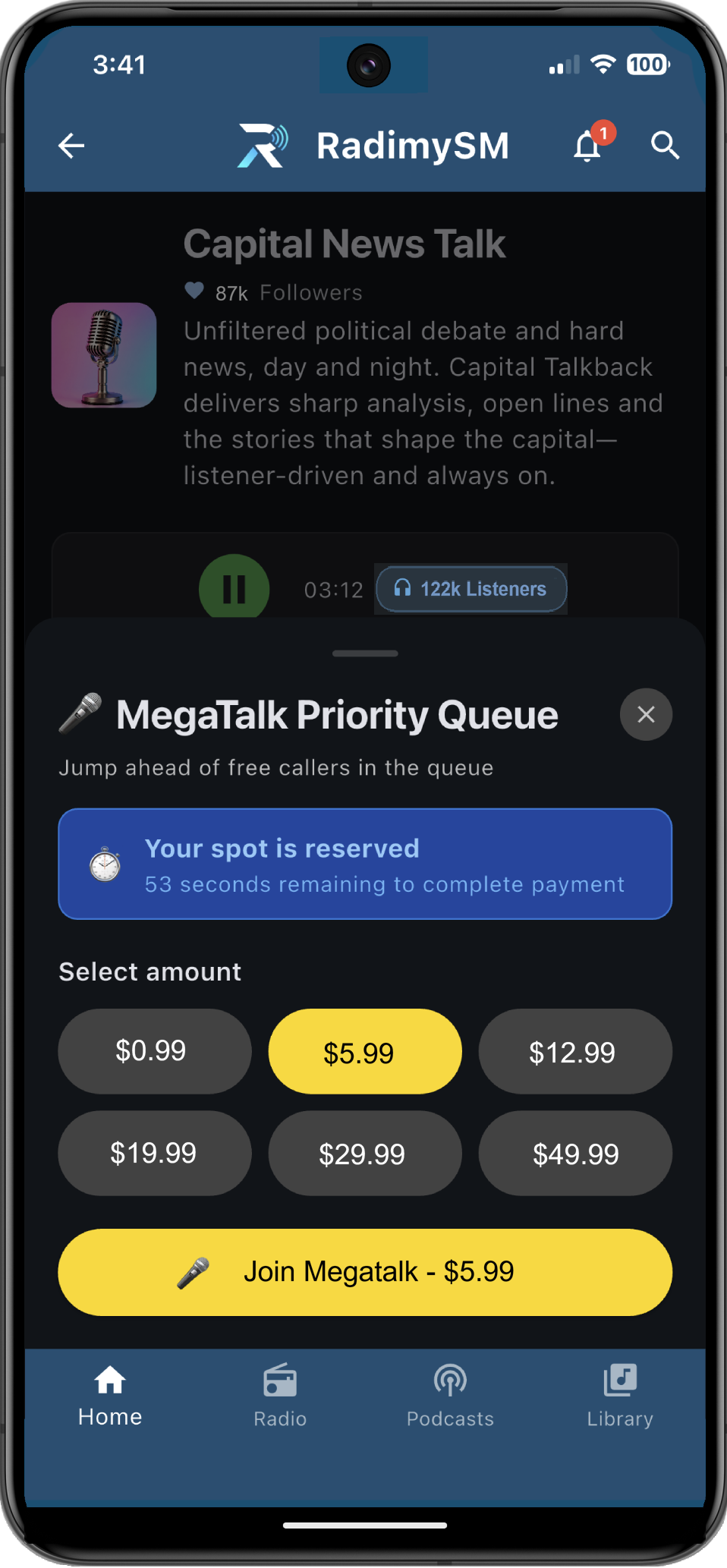 RadimySM mobile MegaTalk priority queue with multiple amount options