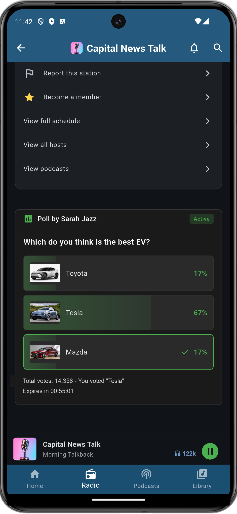 RadimySM mobile app showing an active station poll with vote percentages and listener selection