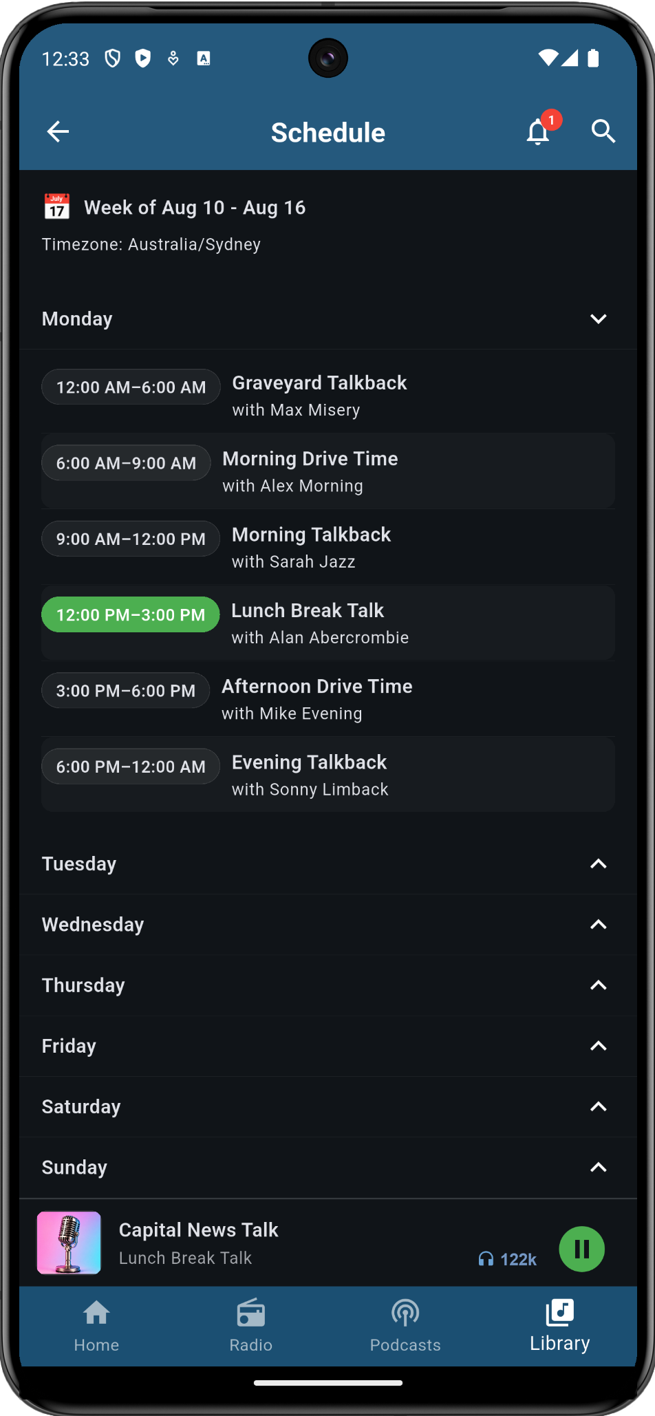 RadimySM mobile app schedule showing weekly shows, hosts, and the live slot highlighted