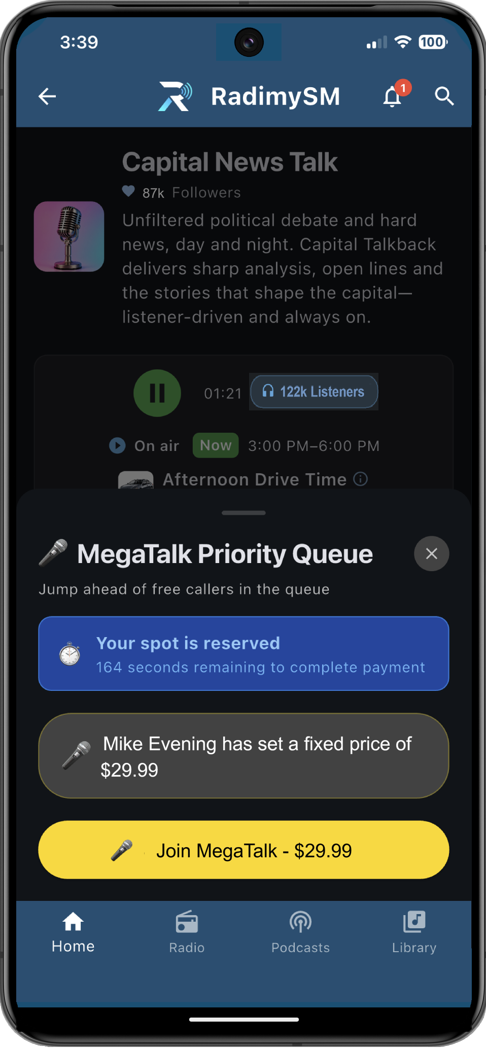 RadimySM mobile MegaTalk showing a fixed price set by the host