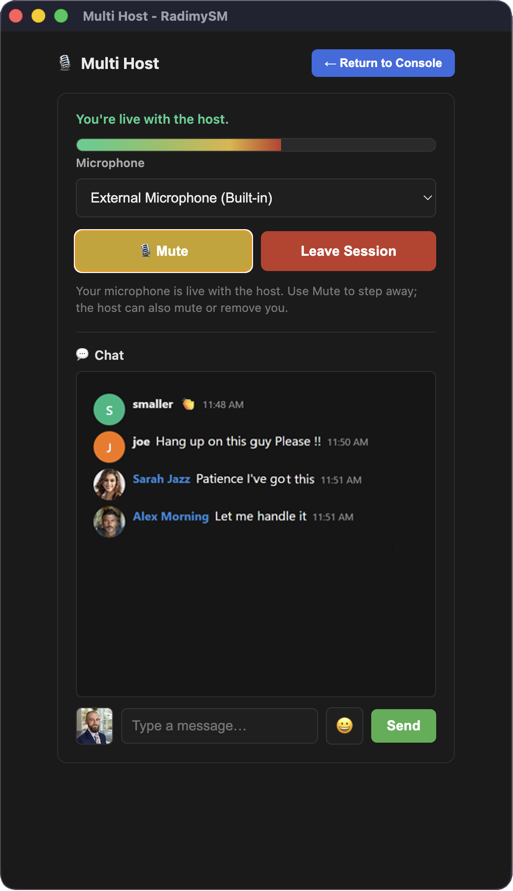 RadimySM Multi Host window for a remote co-host with live mic controls and listener chat