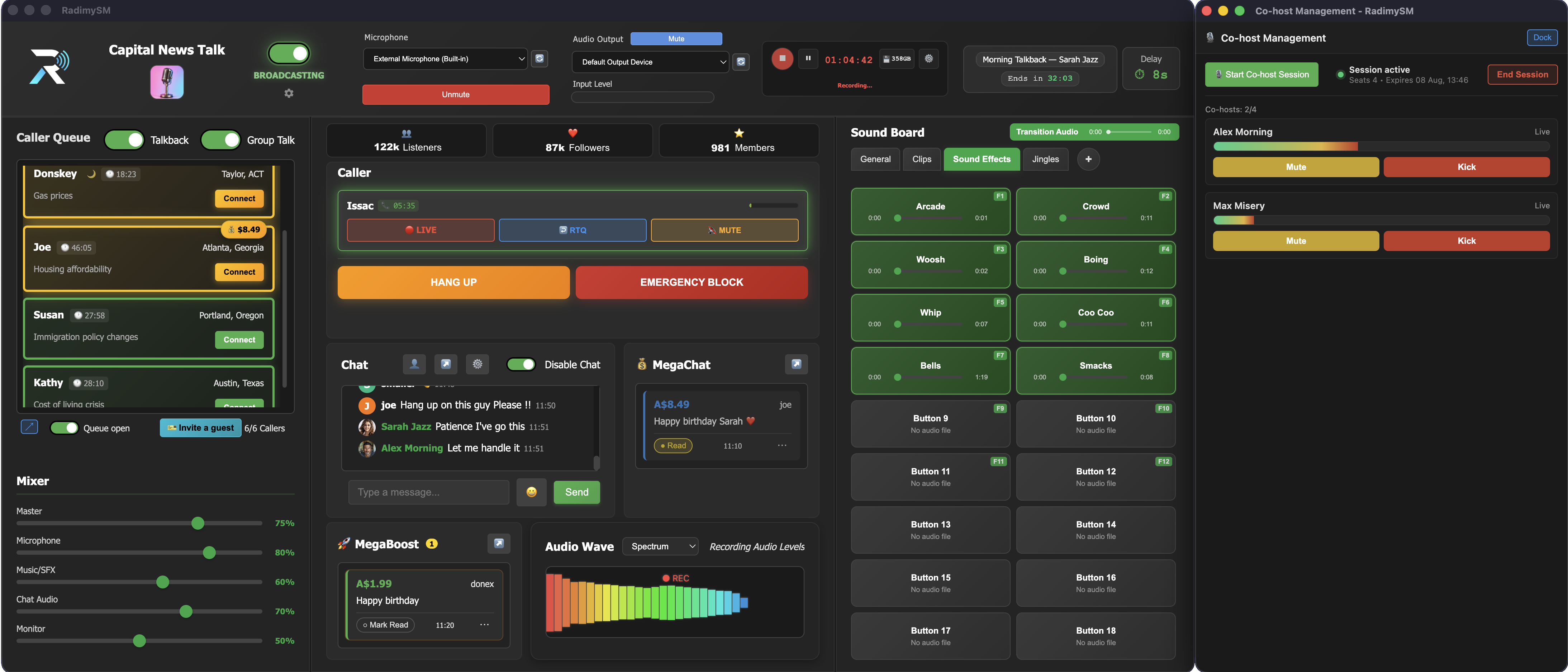 RadimySM main desktop console with Co-host Management undocked showing remote co-hosts and mute controls