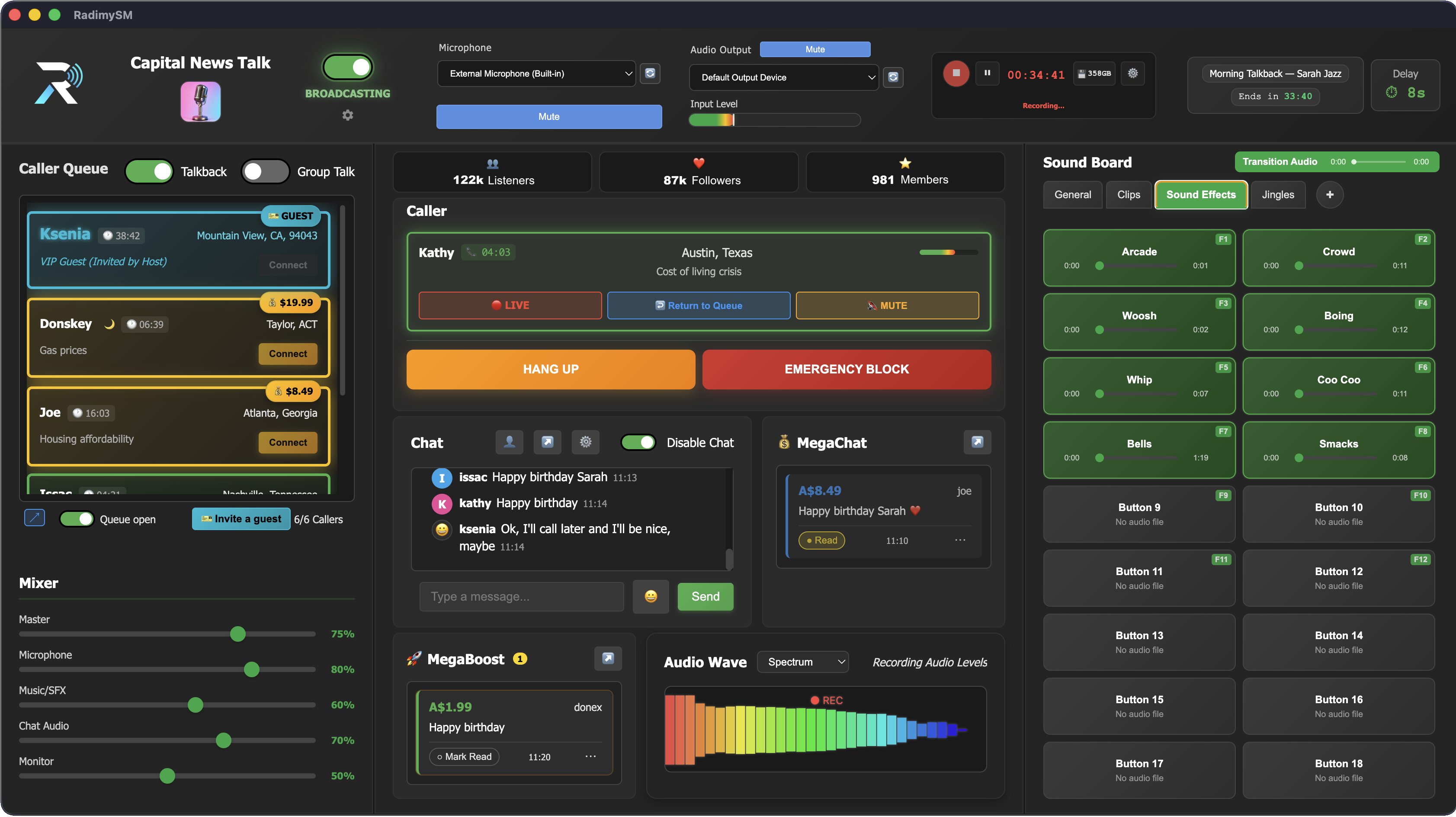 RadimySM desktop console showing live broadcast controls, caller queue, chat, and soundboard