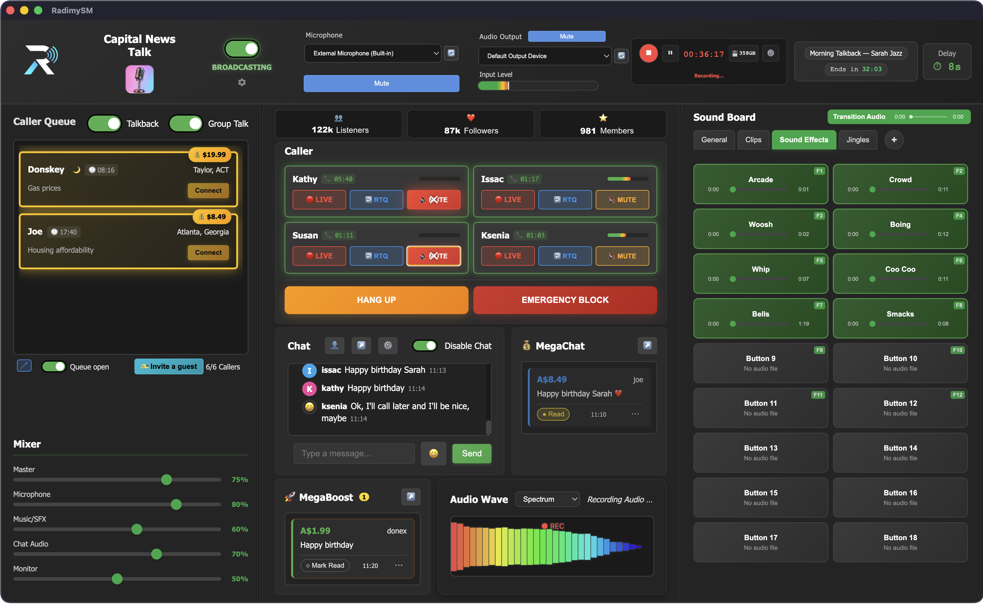 RadimySM desktop console in Group Talk mode with four callers live in the call panel