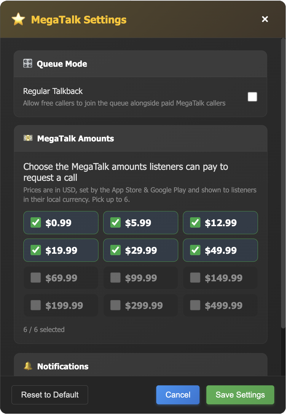 RadimySM MegaTalk Settings with up to six price amounts selected
