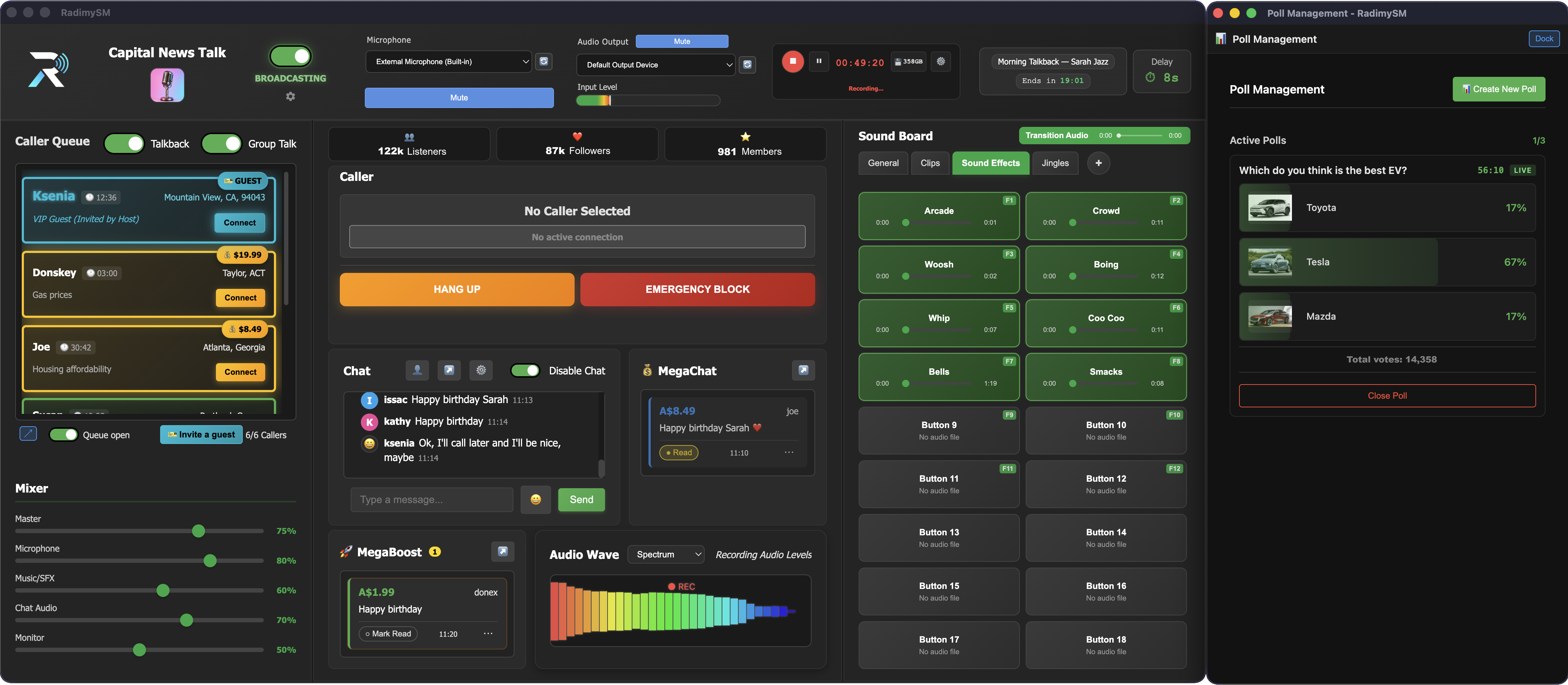 RadimySM desktop console with Poll Management undocked showing a live image poll and vote tallies
