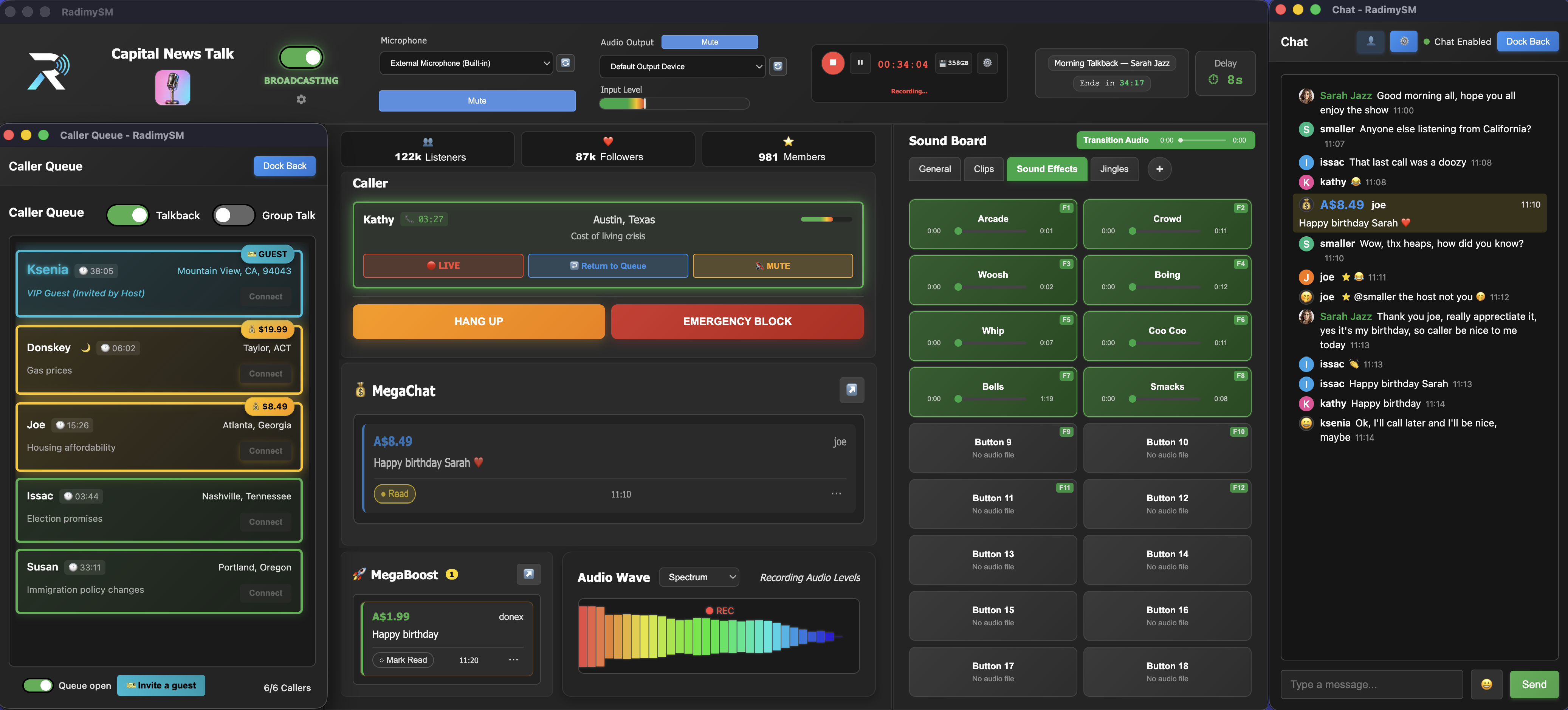 RadimySM desktop console with caller queue and chat windows undocked beside the main broadcast UI