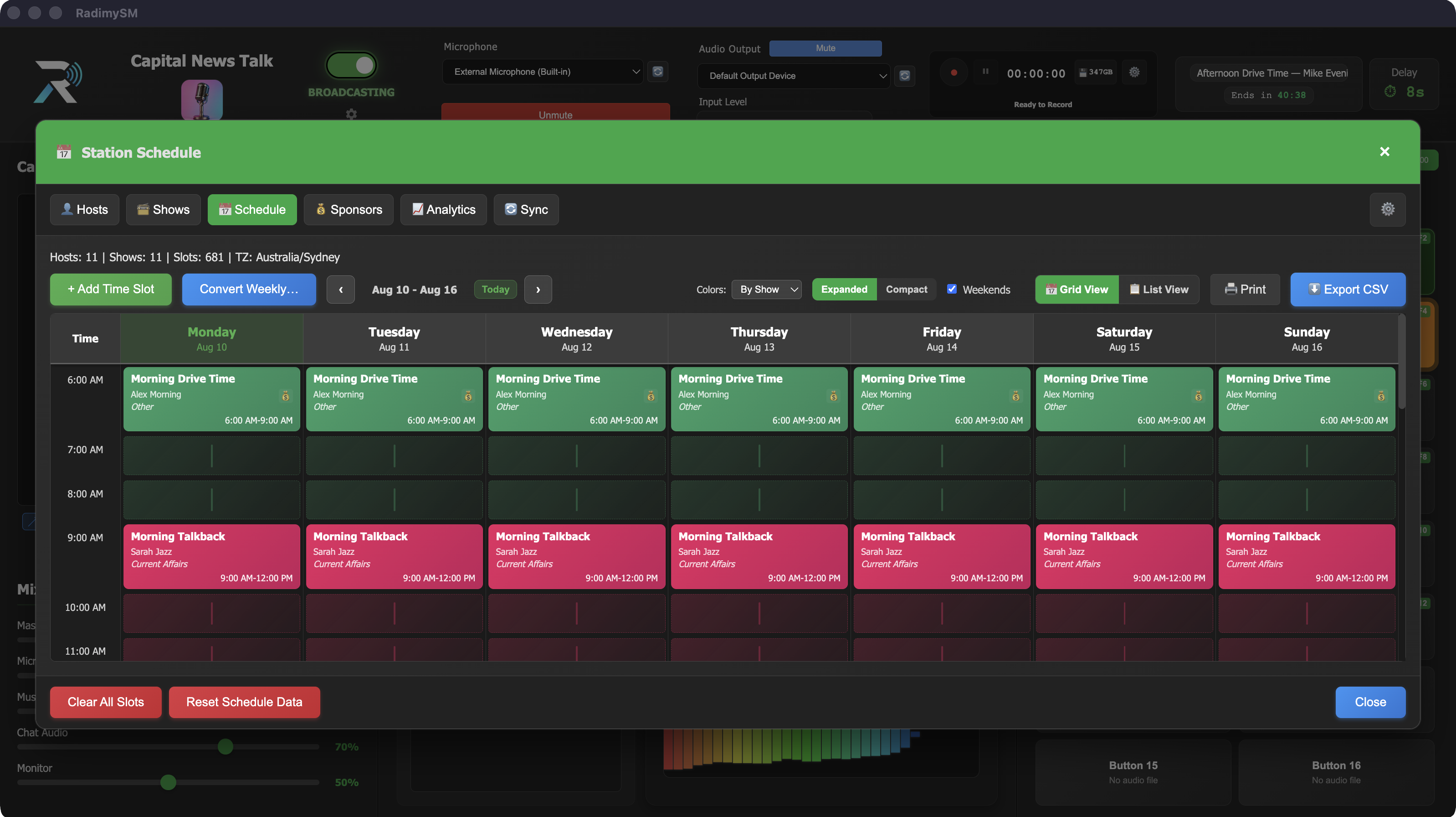 RadimySM desktop Station Schedule grid with weekly time slots and multiple hosts