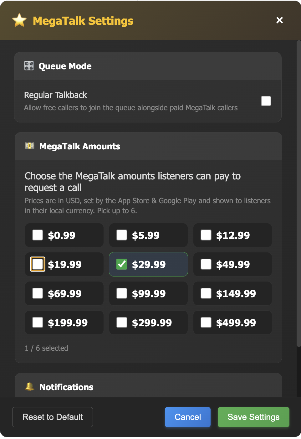 RadimySM MegaTalk Settings with a single fixed price selected